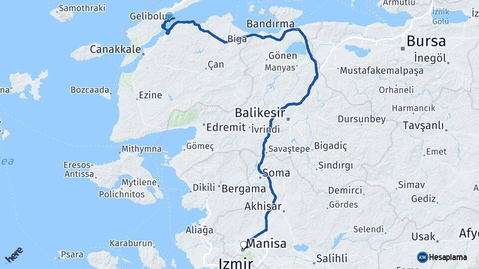 Çanakkale Gelibolu Manisa Arası Kaç Km - Yol Haritası