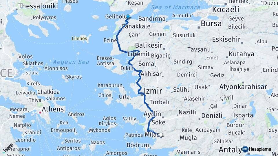 Çanakkale Gelibolu Milas Muğla Arası Kaç Km - Yol Haritası