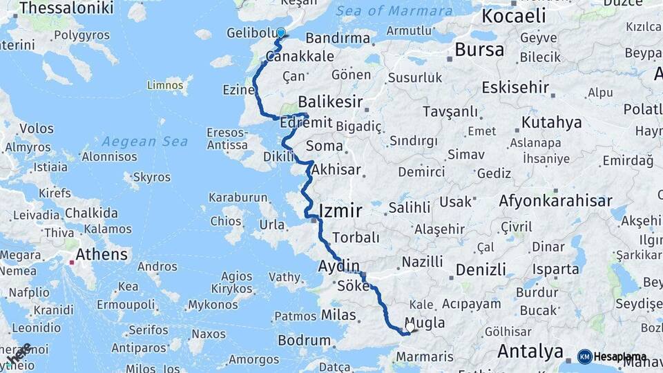Çanakkale Gelibolu Muğla Arası Kaç Km - Yol Haritası