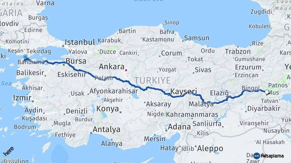 Çanakkale Gelibolu Muş Arası Kaç Km - Yol Haritası