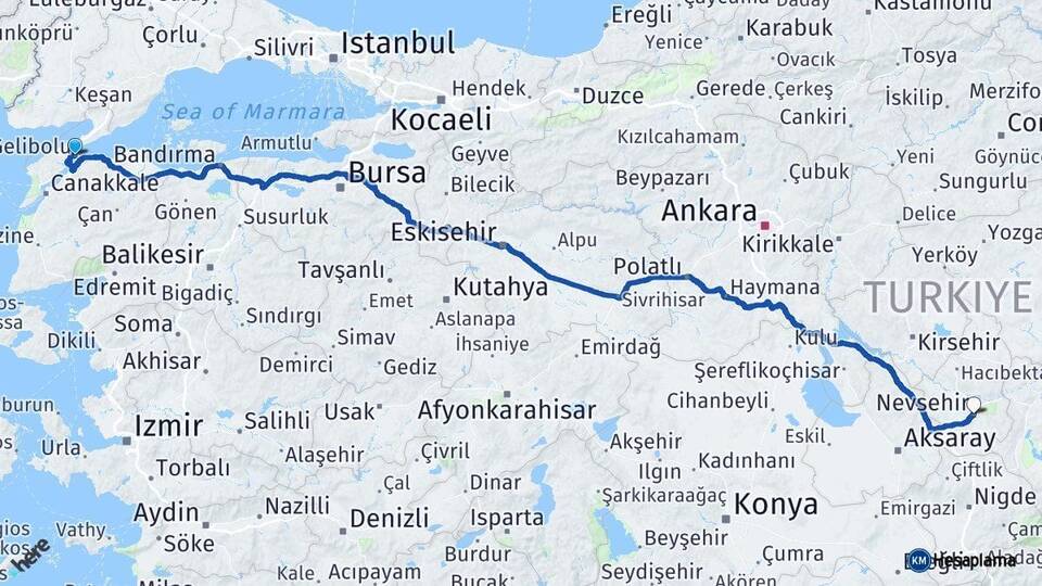Çanakkale Gelibolu Nevşehir Arası Kaç Km - Yol Haritası