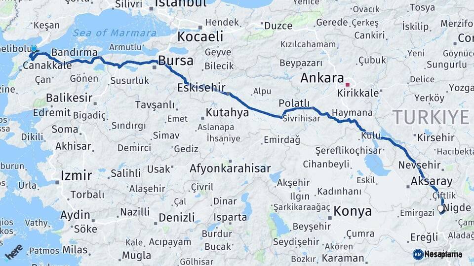 Çanakkale Gelibolu Niğde Arası Kaç Km - Yol Haritası