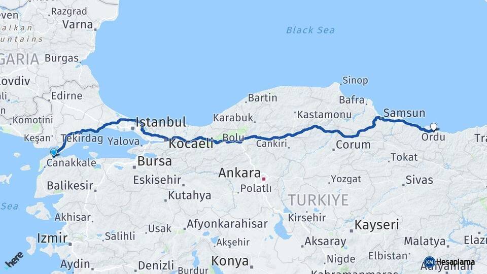 Çanakkale Gelibolu Ordu Arası Kaç Km - Yol Haritası
