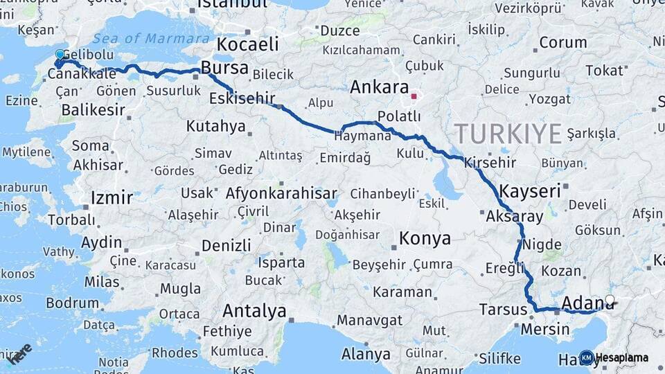 Çanakkale Gelibolu Osmaniye Arası Kaç Km - Yol Haritası