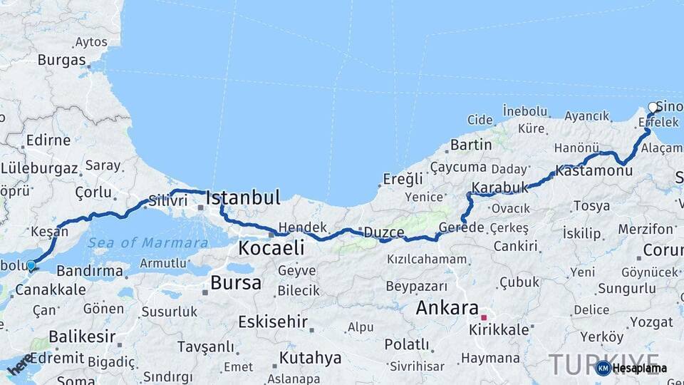 Çanakkale Gelibolu Sinop Arası Kaç Km - Yol Haritası