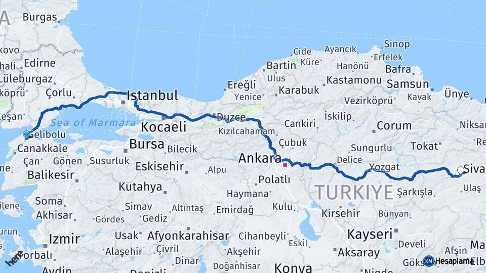 Çanakkale Gelibolu Sivas Arası Kaç Km - Yol Haritası