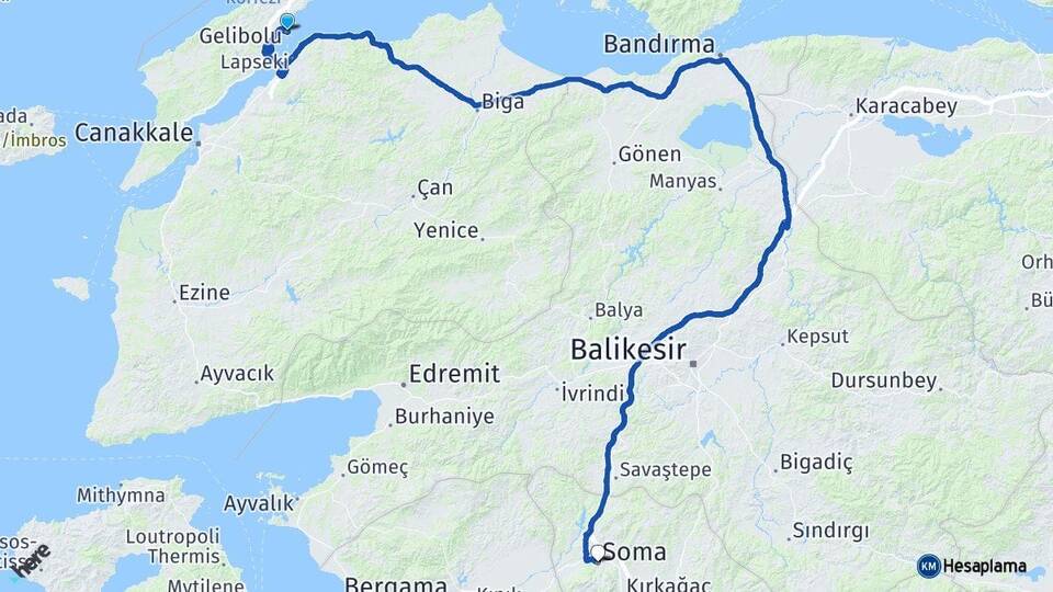 Çanakkale Gelibolu Soma Manisa Arası Kaç Km - Yol Haritası