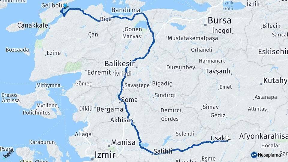 Çanakkale Gelibolu Uşak Arası Kaç Km - Yol Haritası