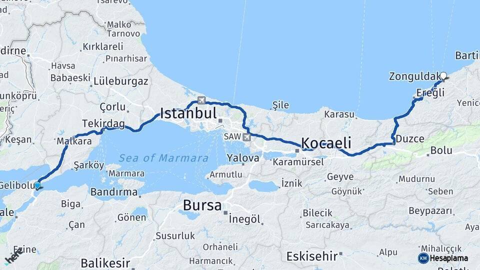 Çanakkale Gelibolu Zonguldak Arası Kaç Km - Yol Haritası