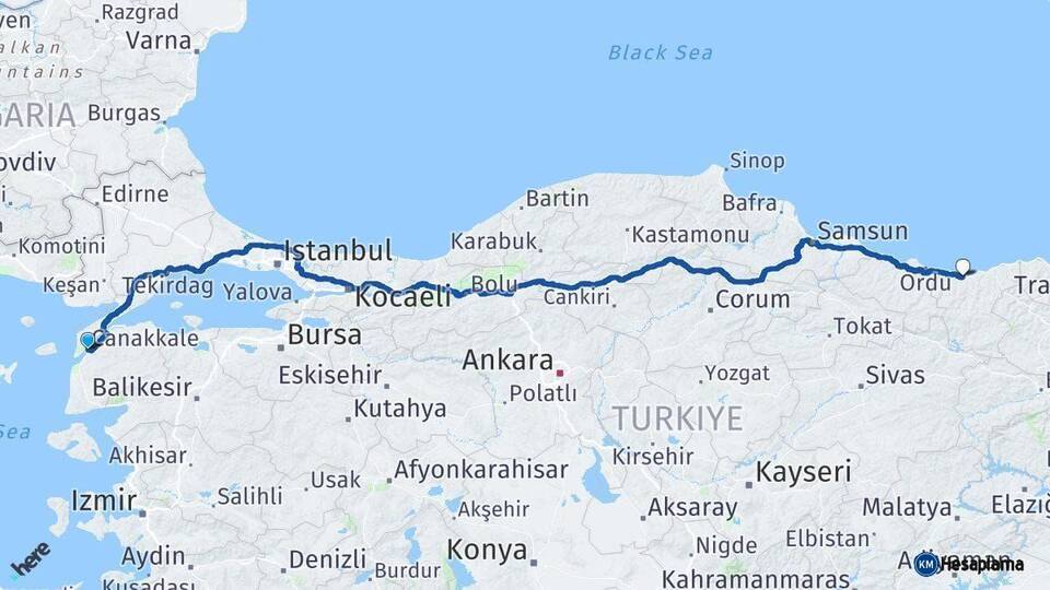 Çanakkale Giresun Arası Kaç Km - Yol Haritası
