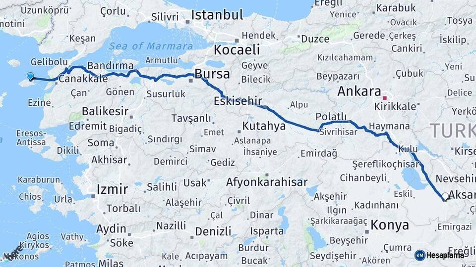 Çanakkale Gökçeada Aksaray Arası Kaç Km - Yol Haritası