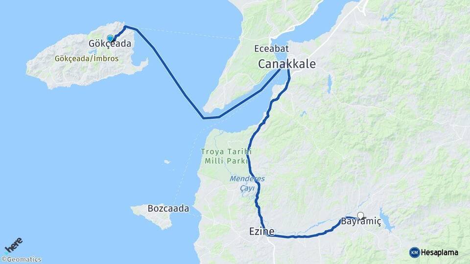 Çanakkale Gökçeada Bayramiç Arası Kaç Km - Yol Haritası