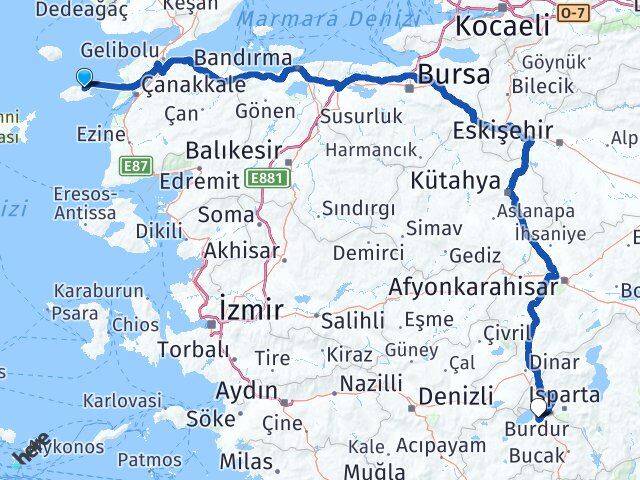Çanakkale Gökçeada Burdur Arası Kaç Km - Yol Haritası