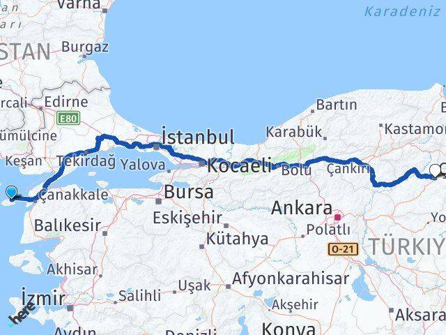 Çanakkale Gökçeada Çorum Arası Kaç Km - Yol Haritası