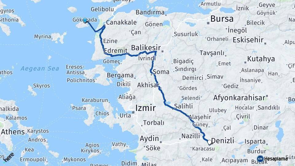 Çanakkale Gökçeada Denizli Arası Kaç Km - Yol Haritası