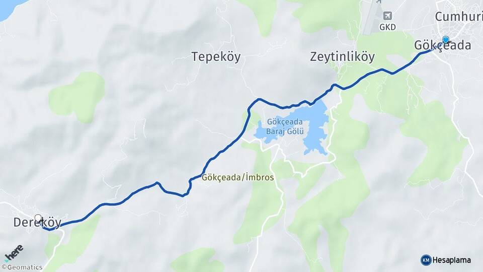 Çanakkale Gökçeada Dereköy Gökçeada Arası Kaç Km - Yol Haritası