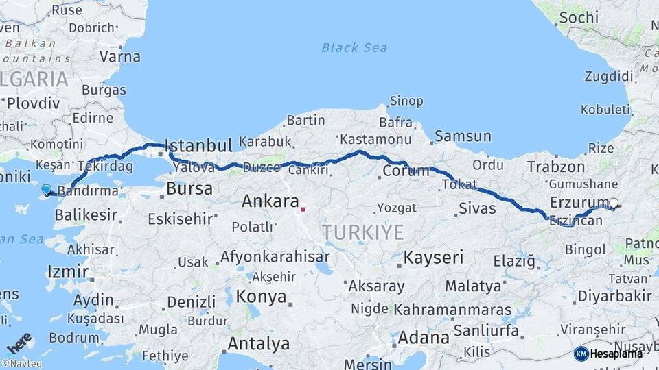 Çanakkale Gökçeada Erzurum Arası Kaç Km - Yol Haritası