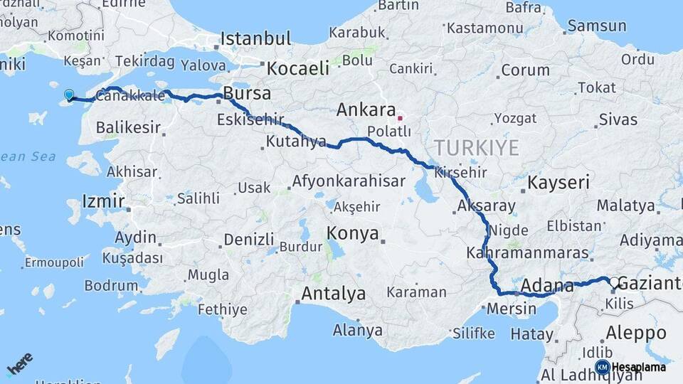 Çanakkale Gökçeada Gaziantep Arası Kaç Km - Yol Haritası