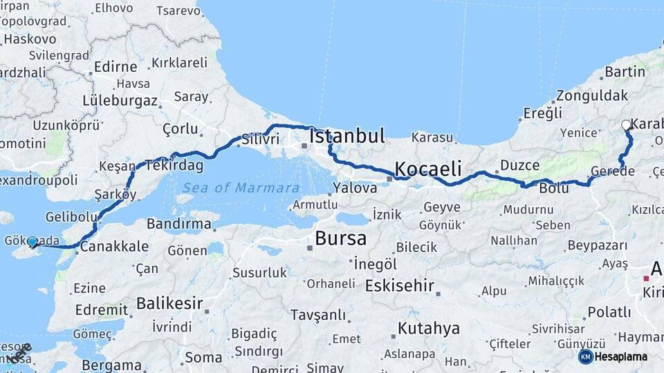 Çanakkale Gökçeada Karabük Arası Kaç Km - Yol Haritası