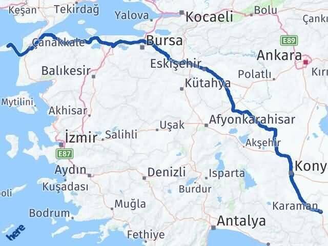 Çanakkale Gökçeada Karaman Arası Kaç Km - Yol Haritası