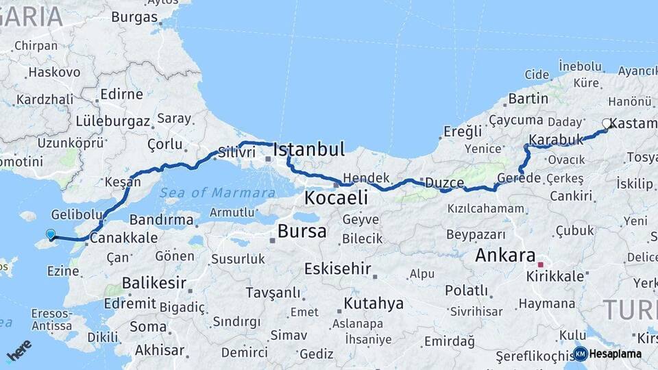 Çanakkale Gökçeada Kastamonu Arası Kaç Km - Yol Haritası