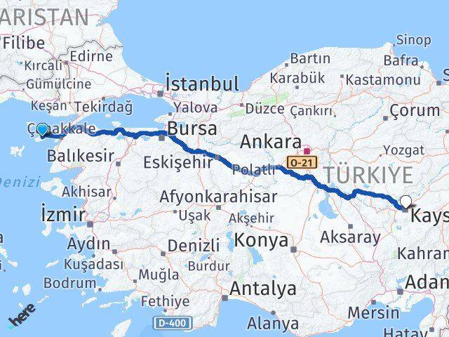 Çanakkale Gökçeada Kayseri Arası Kaç Km - Yol Haritası