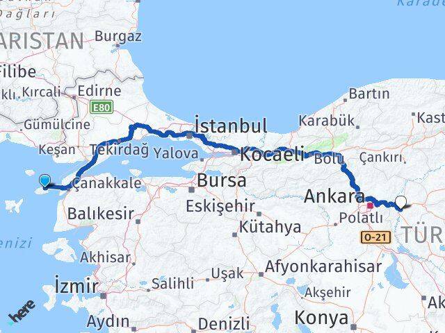 Çanakkale Gökçeada Kırıkkale Arası Kaç Km - Yol Haritası