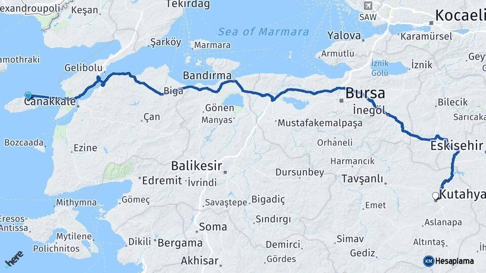 Çanakkale Gökçeada Kütahya Arası Kaç Km - Yol Haritası