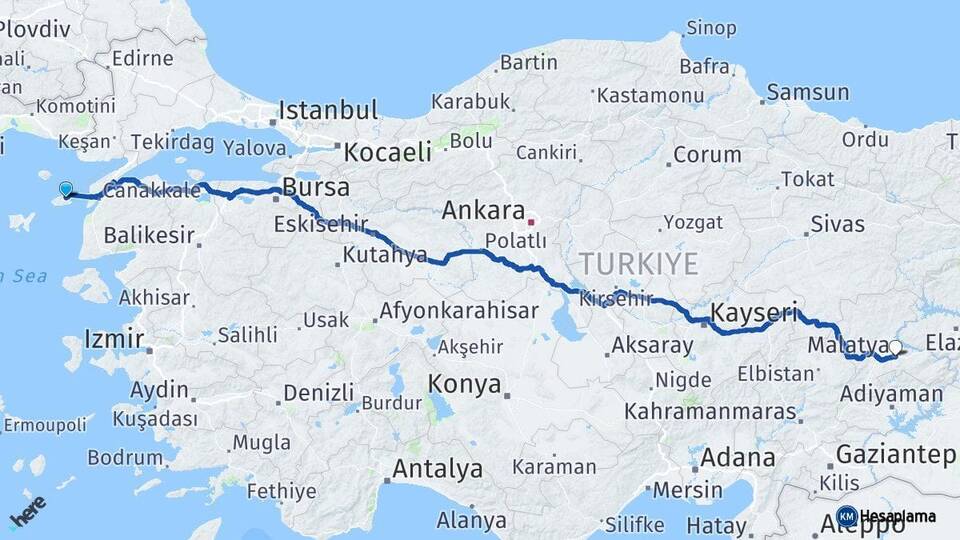 Çanakkale Gökçeada Malatya Arası Kaç Km - Yol Haritası