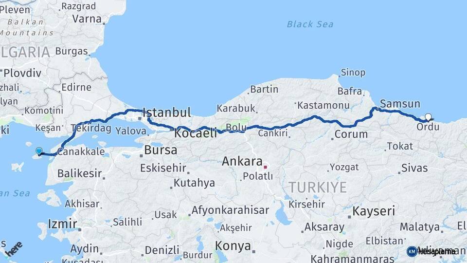 Çanakkale Gökçeada Ordu Arası Kaç Km - Yol Haritası