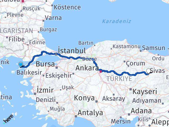 Çanakkale Gökçeada Sivas Arası Kaç Km - Yol Haritası