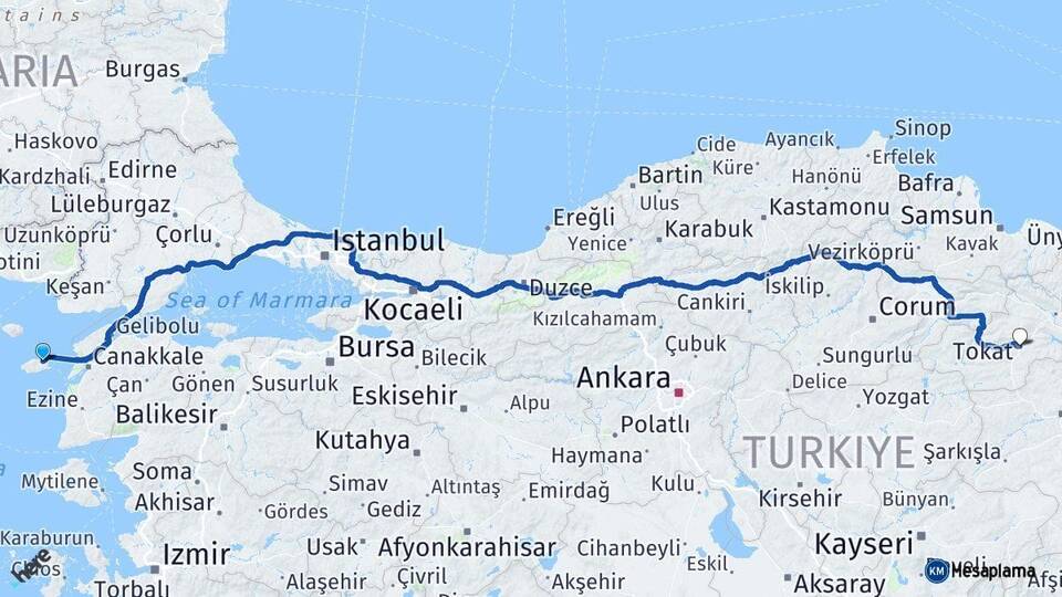 Çanakkale Gökçeada Tokat Arası Kaç Km - Yol Haritası