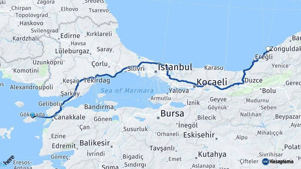 Çanakkale Gökçeada Zonguldak Arası Kaç Km - Yol Haritası