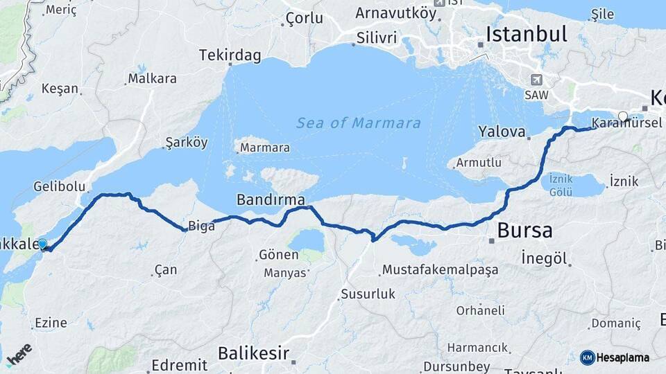Çanakkale Gölcük Kocaeli Arası Kaç Km - Yol Haritası