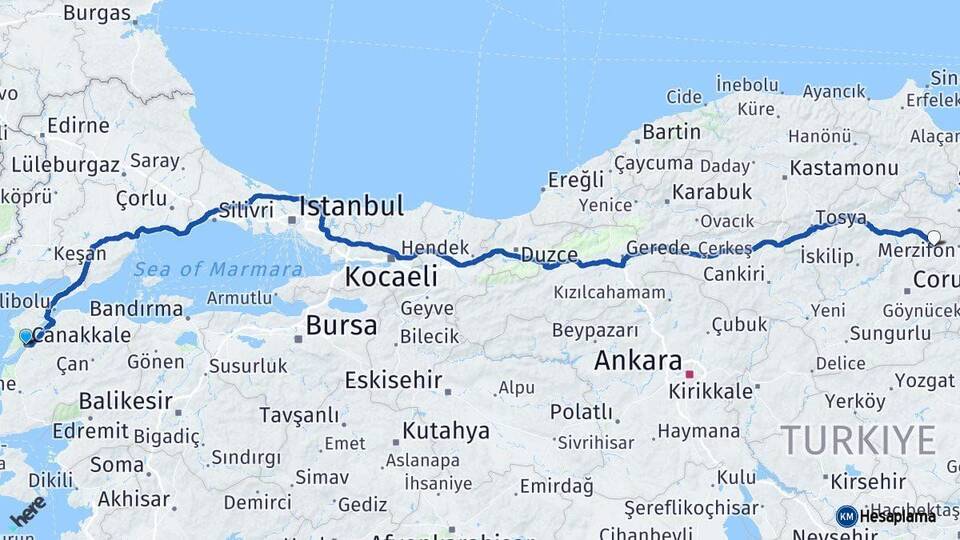 Çanakkale Gümüşhacıköy Amasya Arası Kaç Km - Yol Haritası