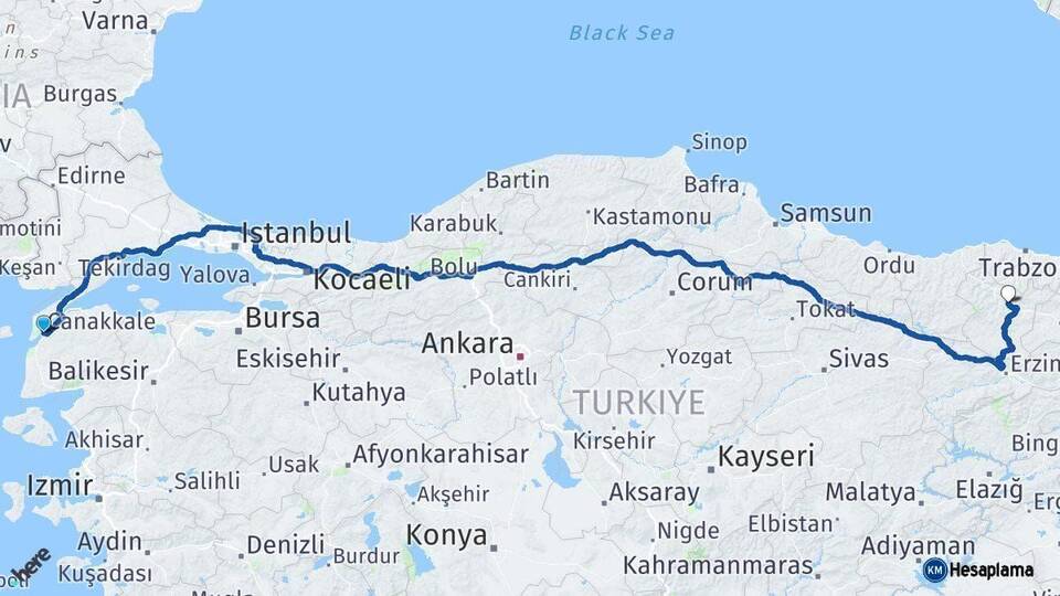 Çanakkale Gümüşhane Arası Kaç Km - Yol Haritası