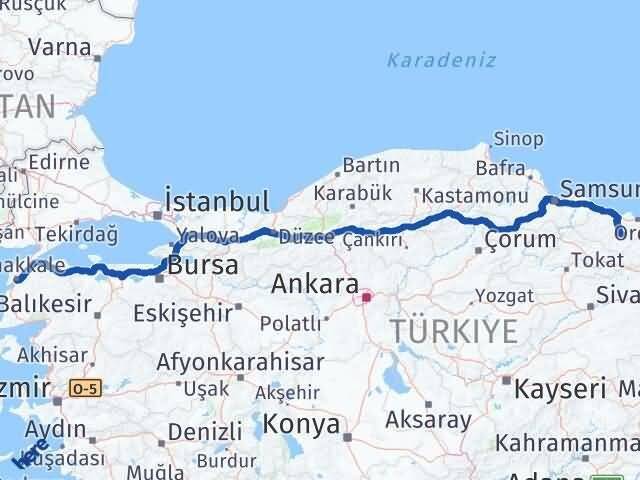 Çanakkale Gürgentepe Ordu Arası Kaç Km - Yol Haritası