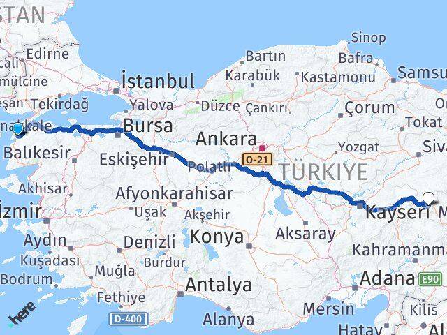 Çanakkale Gürün Sivas Arası Kaç Km - Yol Haritası