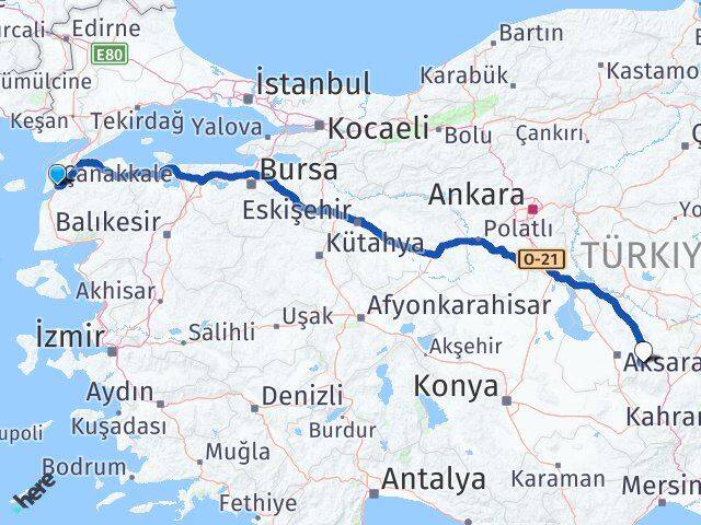 Çanakkale Güzelyurt Aksaray Arası Kaç Km - Yol Haritası