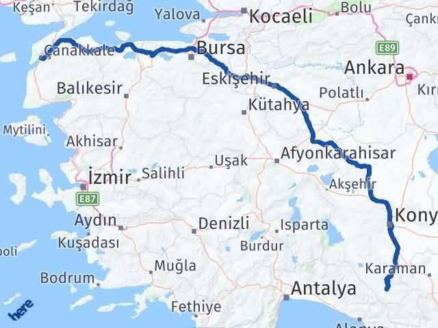 Çanakkale Hadim Konya Arası Kaç Km - Yol Haritası