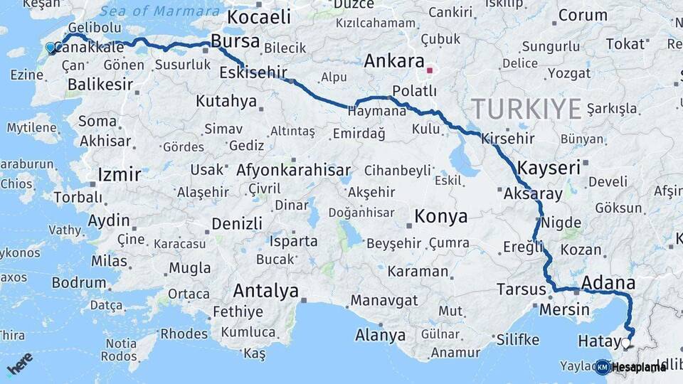Çanakkale Hatay Arası Kaç Km - Yol Haritası