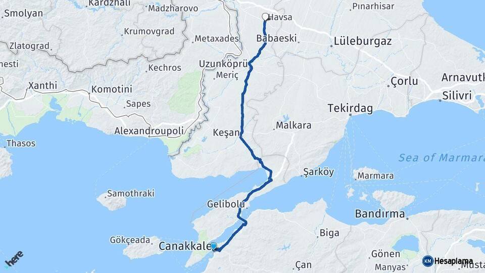 Çanakkale Havsa Edirne Arası Kaç Km - Yol Haritası