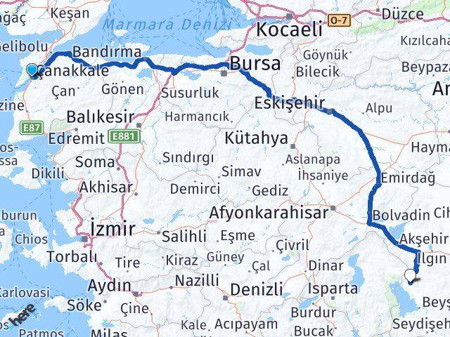 Çanakkale Hüyük Konya Arası Kaç Km - Yol Haritası