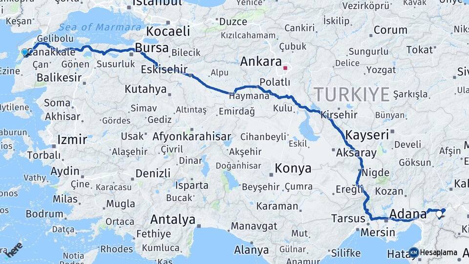 Çanakkale İslahiye Gaziantep Arası Kaç Km - Yol Haritası