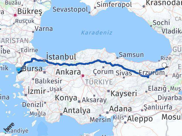 Çanakkale İspir Erzurum Arası Kaç Km - Yol Haritası