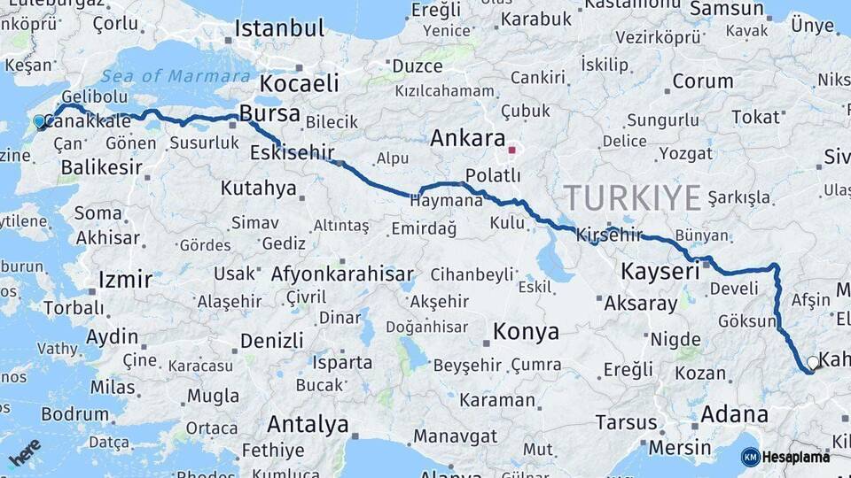 Çanakkale Kahramanmaraş Arası Kaç Km - Yol Haritası