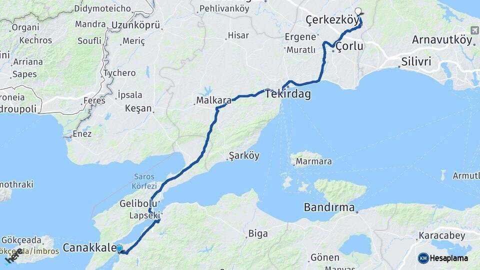 Çanakkale Kapaklı Tekirdağ Arası Kaç Km - Yol Haritası