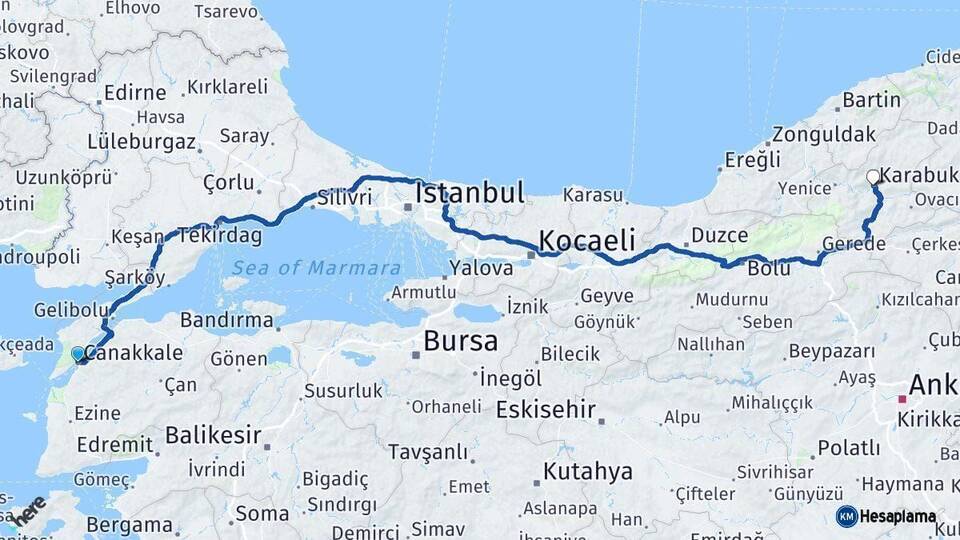 Çanakkale Karabük Arası Kaç Km - Yol Haritası