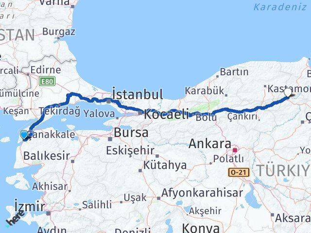 Çanakkale Kargı Çorum Arası Kaç Km - Yol Haritası