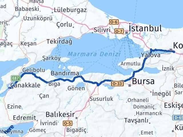 Çanakkale Kartepe Kocaeli Arası Kaç Km - Yol Haritası